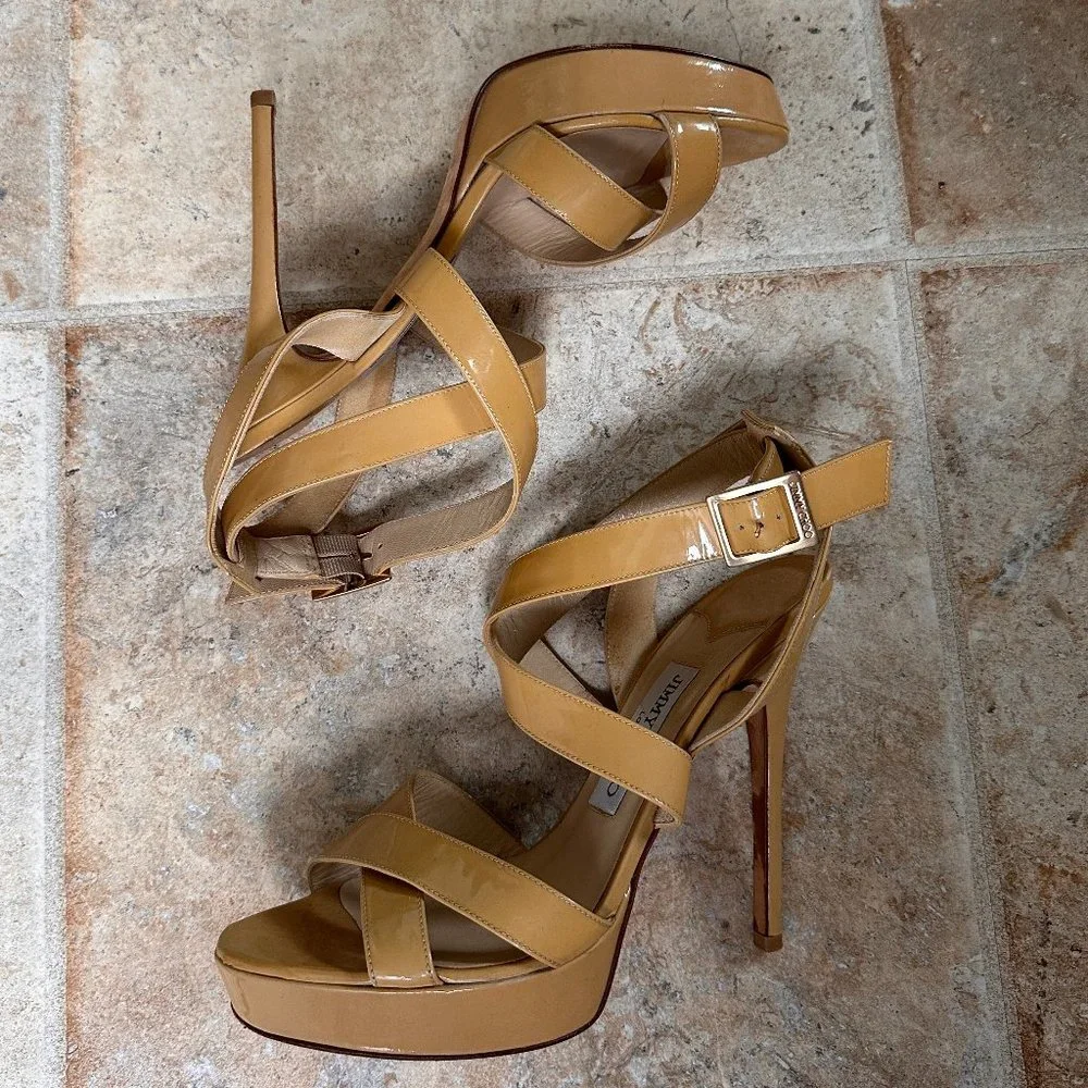 Jimmy Choo Vamp Sandal Tan Nude Patent Leather Sz. 38 1/2 Platform High heel - Picture 2 of 8